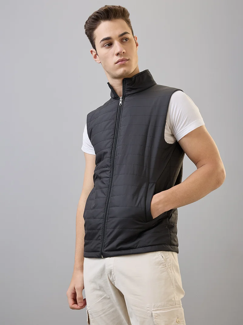 globus Globus Men Black Mock Neck Front Zip Reversible Quilted Insulator Winter Jacket